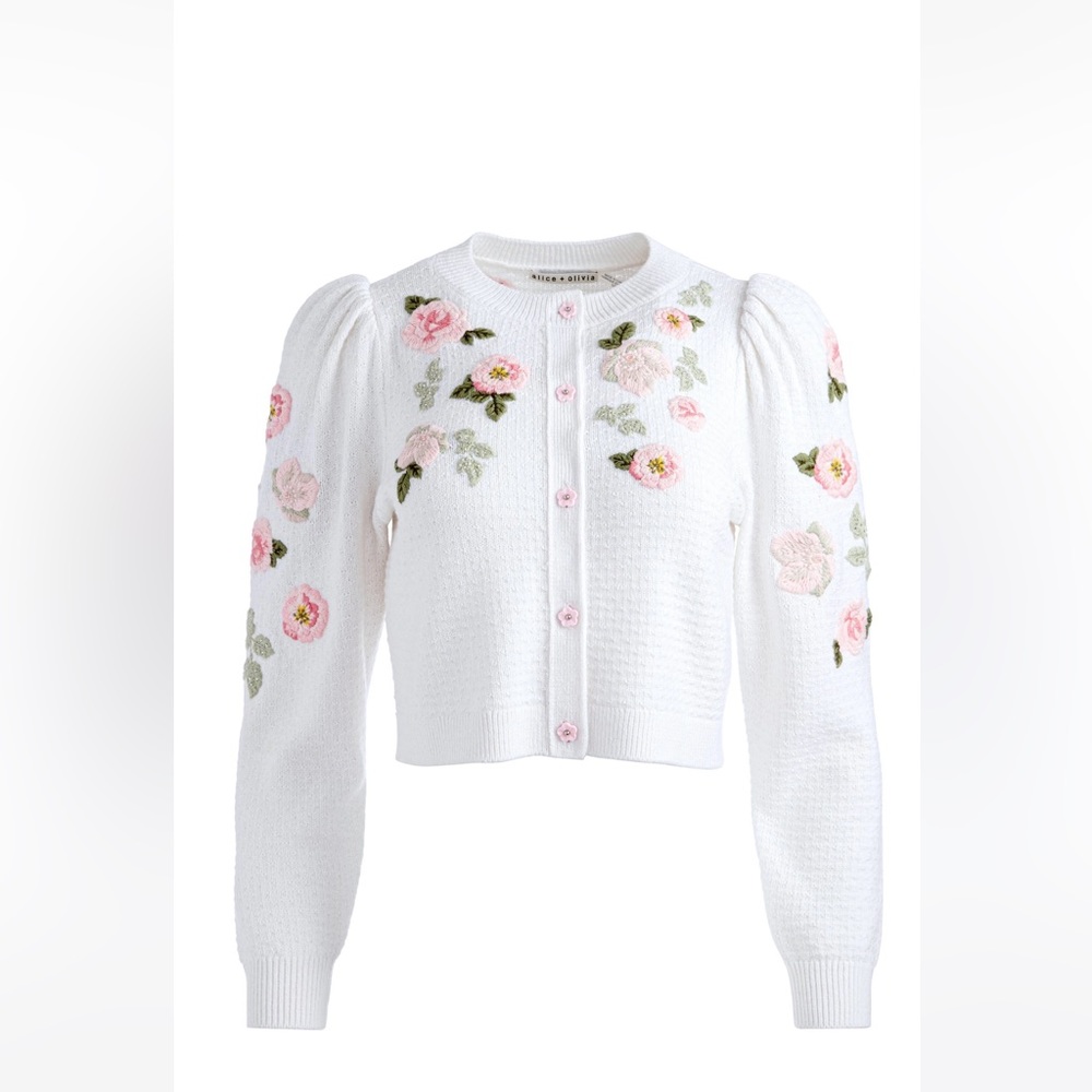 NWT Alice & Olivia Kitty Puff Sleeve Embroidered Cardigan sz S/Small